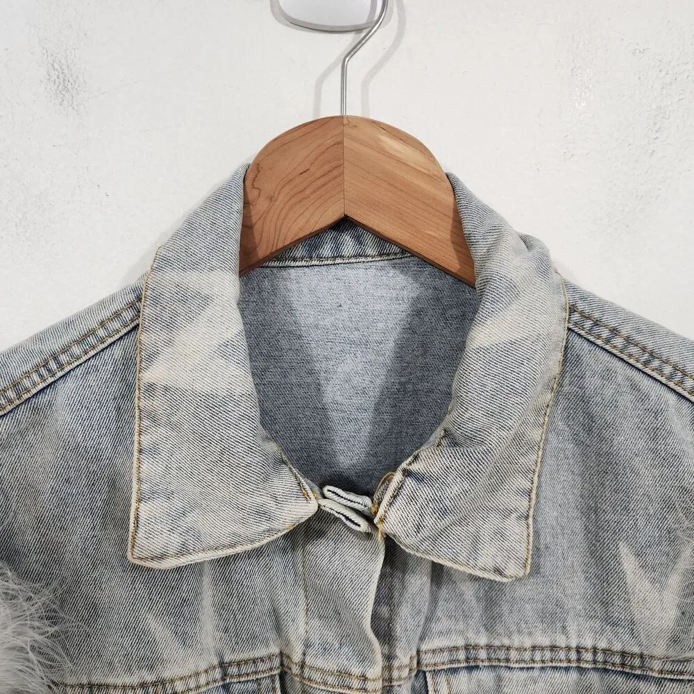 Upclycled Bujtton-front denim vest oversized white tulle ruffle sleeves Size L - Picture 11 of 16